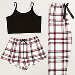 3Pcs Women's Pajama Set Camisole Shorts Trousers Three-Piece Bow Tie Home Wear Set Plaid Print Sleepwear for Women Christmas pjs