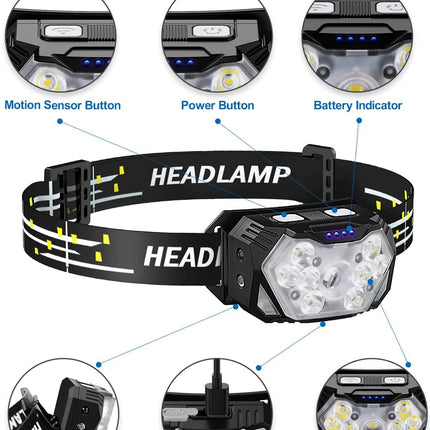 9 Led Strong Light Headlamp USB Rechageable Motion Sensor Headlight Portable Fishing Camping Outdoor Head Lamp Work Flashlight