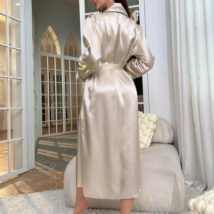 Simple Satin Night Robe Long Sleeve V Neck Robe With Belt  Women's Sleepwear