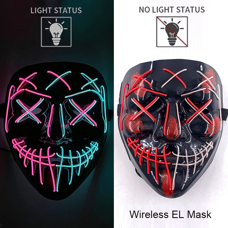 Wireless Neon LED Purge Mask Glow in The Dark Cosplay Horror Mask Halloween Masquerade Party Masks Glowing Funny Dress Up