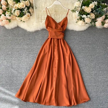 Women Sexy Beach Long Dress Summer V-neck Elegant White Evening Party Dressesladies Backless Bandage Satin Dress Vestidos