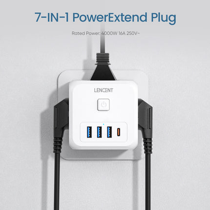LENCENT EU Plug Power Strip Wall Socket with 3 AC+3 USB QC 18W +1 Type C PD 35W Fast Charger Adapter 7-in-1 Socket On/Off Switch