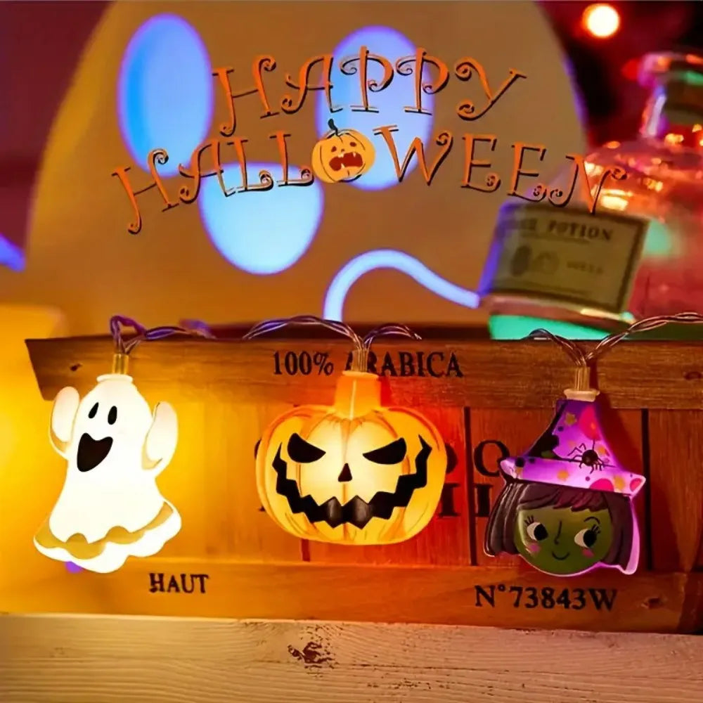 1pcs Halloween LED String Lights Ghost Witch Cat Pumpkin Spider Web Hanging Lamp for Home Halloween Party Decoration Props 2025
