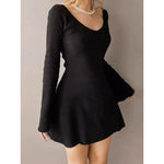 Elegant And Pretty Women Dresses Autumn Winter New Black Sexy Short Dress Female V Neck Long Sleeve Slim Solid Color Mini Dress