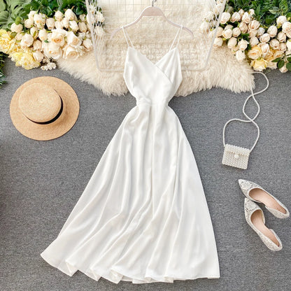 Women Sexy Beach Long Dress Summer V-neck Elegant White Evening Party Dressesladies Backless Bandage Satin Dress Vestidos