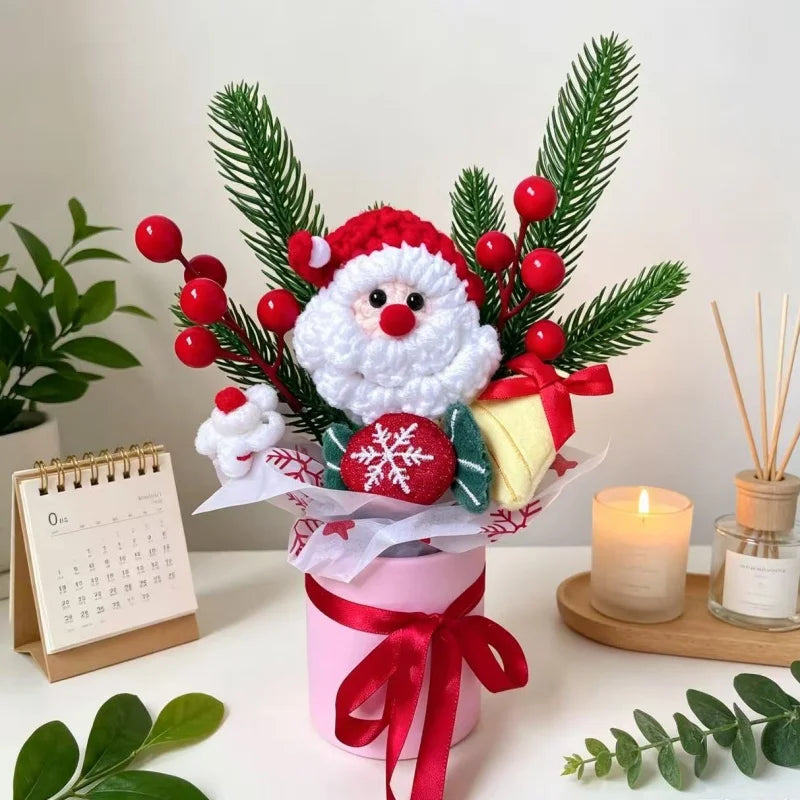 Santa Claus Plush Doll With Crochet Flowers Creative Christmas Day Handmade Bouquets Home Table Decora Pefect Gifts For Friends
