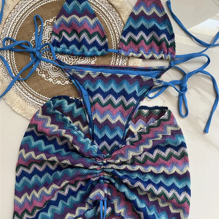 Women Swimsuit Colored Maple Leaves Knitted Bikini Skirt Three-Piece Set Split Swimsuit Bikini