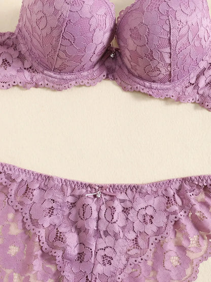 1 Set Elegant Erotic Lace Embroidery Breathable Fabric Lingeries : Push-Up Bra, Low Waist Sheer Panty - Ultimate Valentine's Day