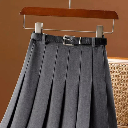 Korean Fashion A Line Skirts Women Vintage Grey Casual High Waist Pleated Skirts Streetwear All Match Elegant Black Midi Skirts