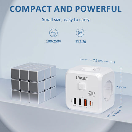 LENCENT EU Plug Power Strip Wall Socket with 3 AC+3 USB QC 18W +1 Type C PD 35W Fast Charger Adapter 7-in-1 Socket On/Off Switch