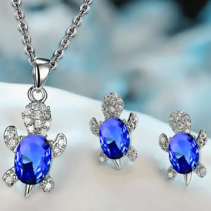 3pcs Silver-plated Necklace Earrings Set Ladies Light Luxury Fashion Style Turtle Shape With Multi Color Glass Diamond