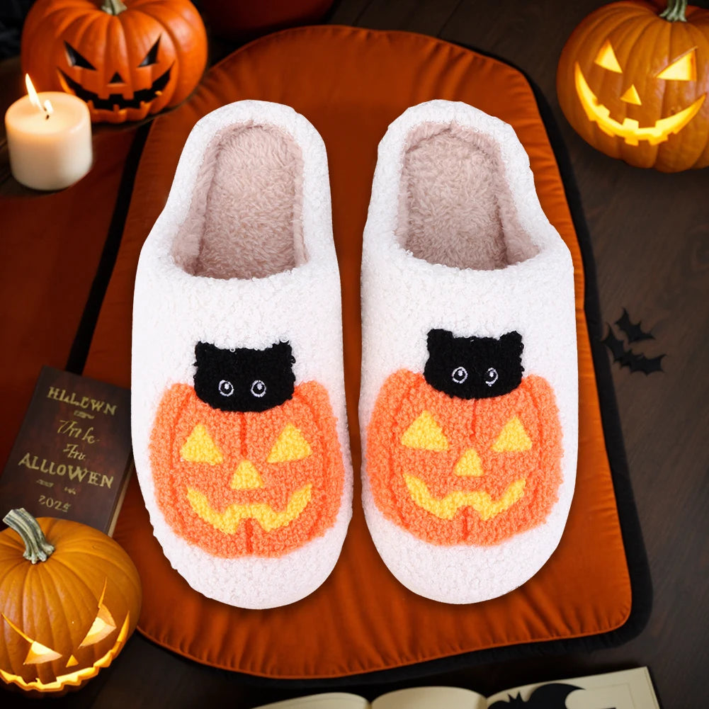 Halloween Pumpkin Cat Slippers Plush Closed Toe Slippers Flat Thermal Slippers Fuzzy Pumpkin Slippers for Outdoor Indoor Bedroom