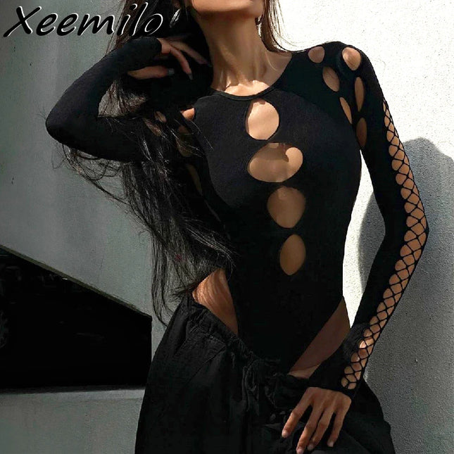 Xeemilo Sexy Dot Hollow Out Bodysuit Y2K Gothic Punk Long Sleeves Bodycon T-shirt Women Autumn Streetwear Slim Bodice Bodysuits