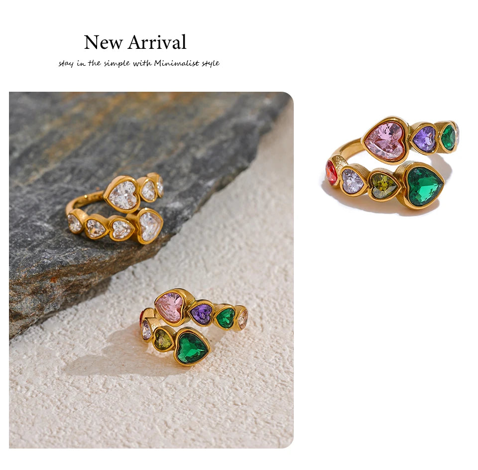 Yhpup Delicate Cubic Zirconia Heart Stainless Steel Gold Color Adjustable Fashion Open Ring High Quality Chic Charm Jewelry