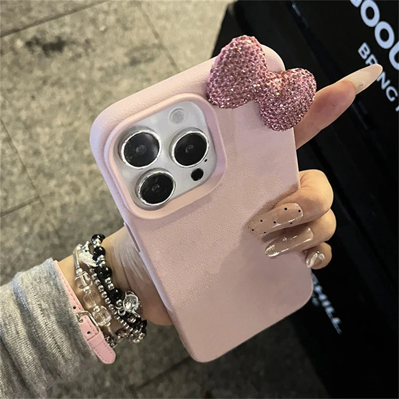 Luxury Rhinestone Bow Litchi Pattern Leather Shockproof Phone Case For iPhone 16 15 14 13 12 11 17 Pro Max X XS 7 Plus Soft Case