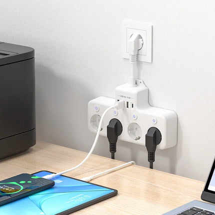 European plug power strip multi-contact socket with 3 USB and 1Type-C ports household power socket with switch surge protector