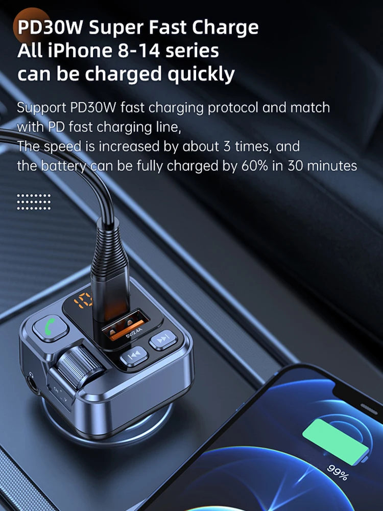 Car Bluetooth Receiver USB U Disk Read PD20w Fast Charging Digital Display Car Mobile Phone Adapter FM Transmiter For Cellphones