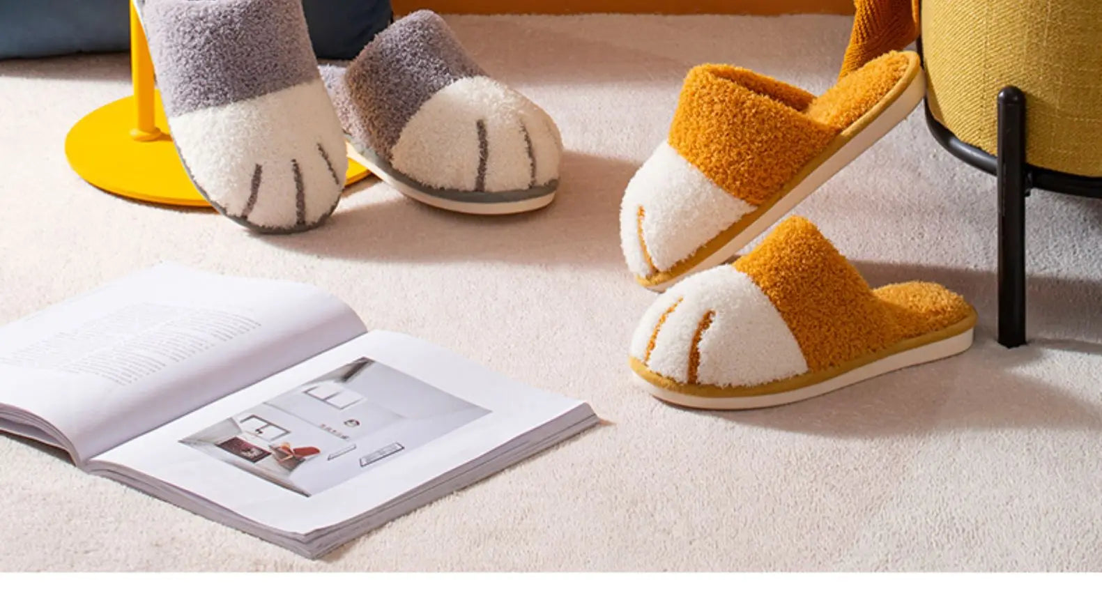 Comwarm Winter Warm Plush Slippers Cute Cat Paw Designer House Women Fur Slippers Floor Mute Bedroom Lovers Indoor Fluffy Shoes