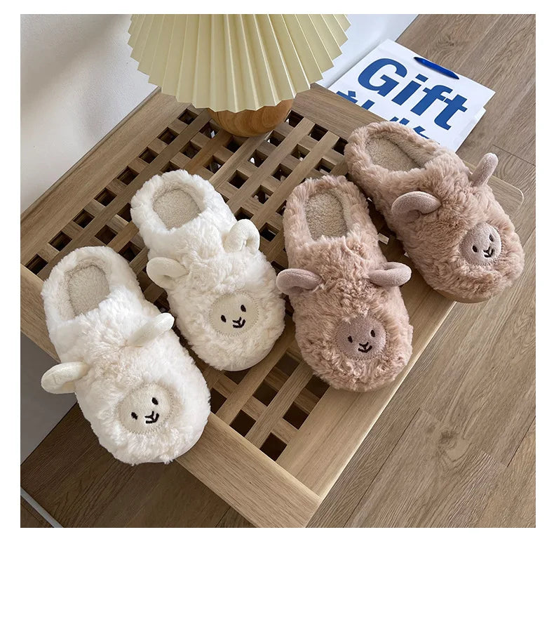 Women Home Fluffy Slippers Platform Anti Slip Comfortable Warm Shoes Cute Sheep Outdoor Couple Slippers Women Men Ladies Shoes