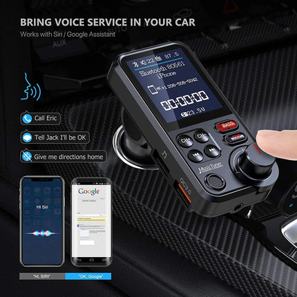 1.8 Inch Wireless Car Bluetooth FM Transmitter Aux Supports QC3.0 Charging Treble and Bass Sound Music Player