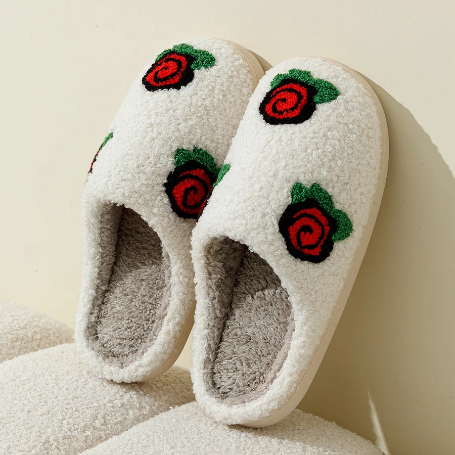 Women's Slippers Valentine's Day Rose Embroidery Fuzzy Romantic Love Comfy Flat Girl Valentine Gift Winter Home Shoes