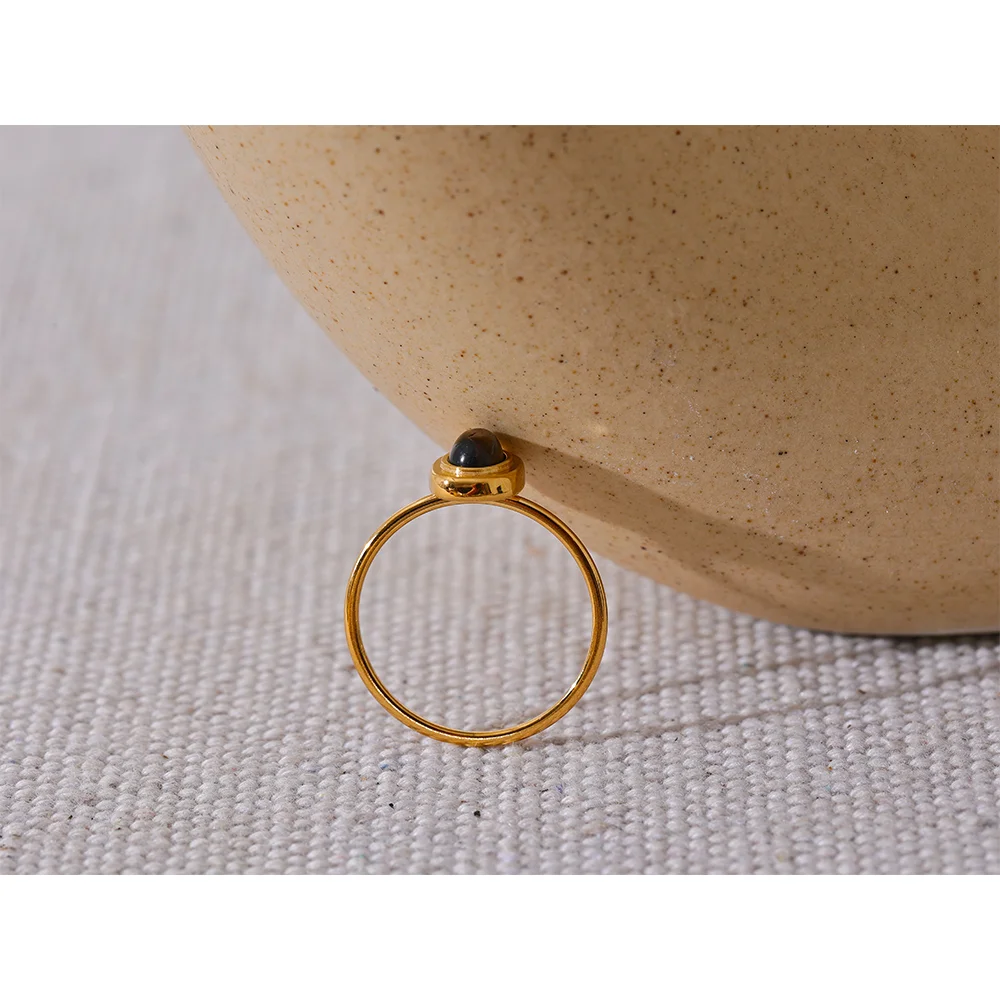 Yhpup Fashion Natural Stone Stainless Steel Oval Thin Chic Ring Women 18K PVD Plated Waterproof Jewelry Accessories 2024 Gift