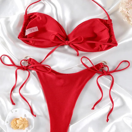 Solid Color Bikinis Push Up Swimwear Women Halter Bikini Set Shiny Swimsuit Push Up Bathing Suits Bandage Beachwear Thong