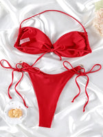 Solid Color Bikinis Push Up Swimwear Women Halter Bikini Set Shiny Swimsuit Push Up Bathing Suits Bandage Beachwear Thong