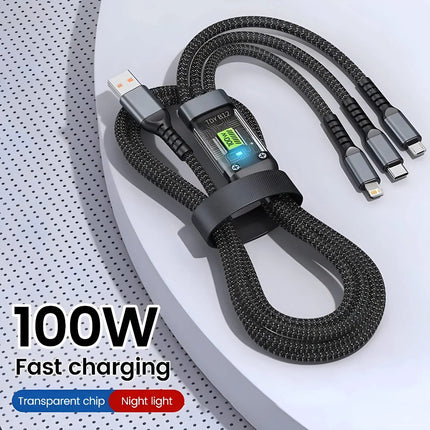 100W Fast Charging Cable Multi Charger Cable Nylon Braided Multiple USB Universal 3 in 1 Charging Cord Adapter with Type-C Micro