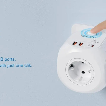 LENCENT EU Plug Wall Socket Extender with 4 AC +QC3.0USBX2 +1 Type C PD20W Fast Charger Adapter 7-in-1 Socket On/Off Switch