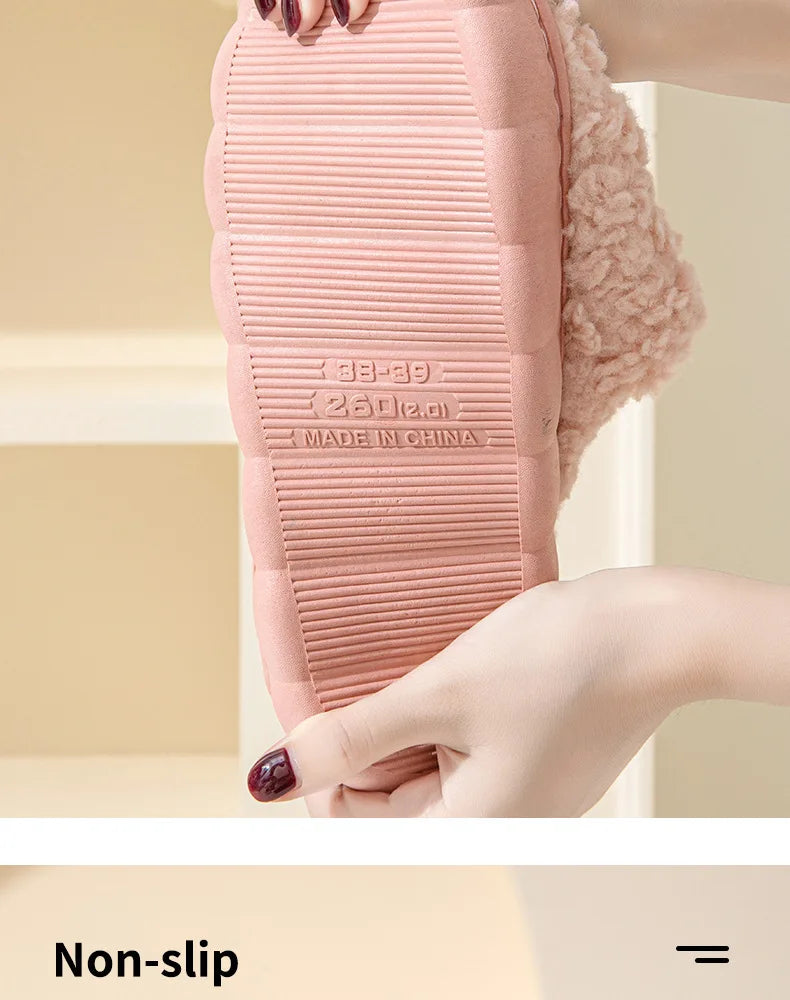 Eyriphy New Fashion Cotton Slippers For Women Winter Warm House Shoes Curly Faux Cotton Bedroom Slides Non-Slips Comfort Slipper