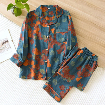 2024 Japanese Spring and Autumn New Women's Pajama Set 100% Cotton Vintage Long sleeved Pants Two Piece Set for Home Furnishings