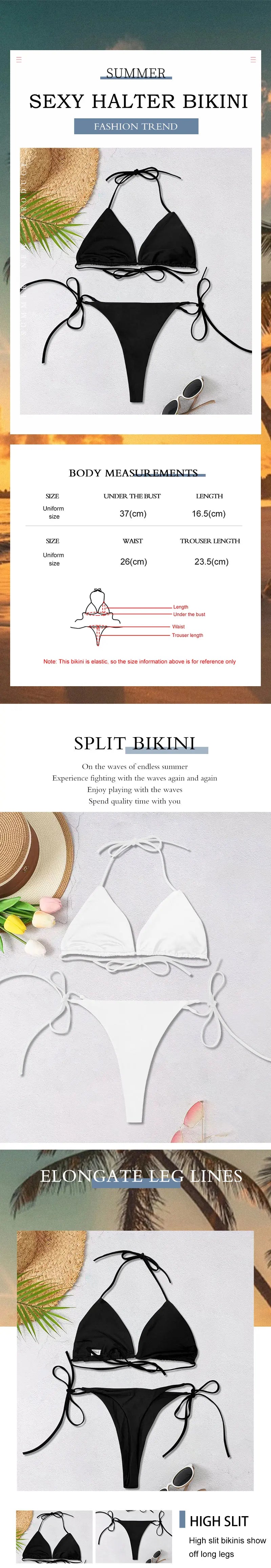 2025 New Women's Solid-color Separate Beach Wear Sexy Halter Three-point Bikini Backless Adjustable Lace-up Swimsuit