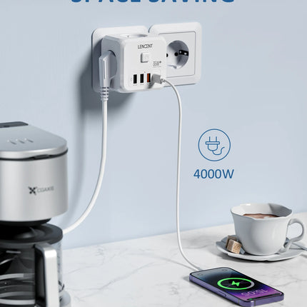 LENCENT EU Plug Power Strip Wall Socket with 3 AC+3 USB QC 18W +1 Type C PD 35W Fast Charger Adapter 7-in-1 Socket On/Off Switch