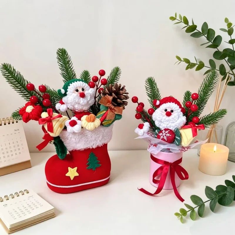 Santa Claus Plush Doll With Crochet Flowers Creative Christmas Day Handmade Bouquets Home Table Decora Pefect Gifts For Friends