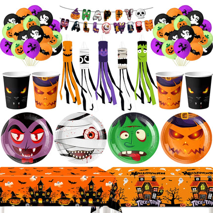 Halloween Ghost Party Decoration Disposable Tableware Balloon Banner Ceiling Door Hanging for Happy Hunting Halloween Supplies