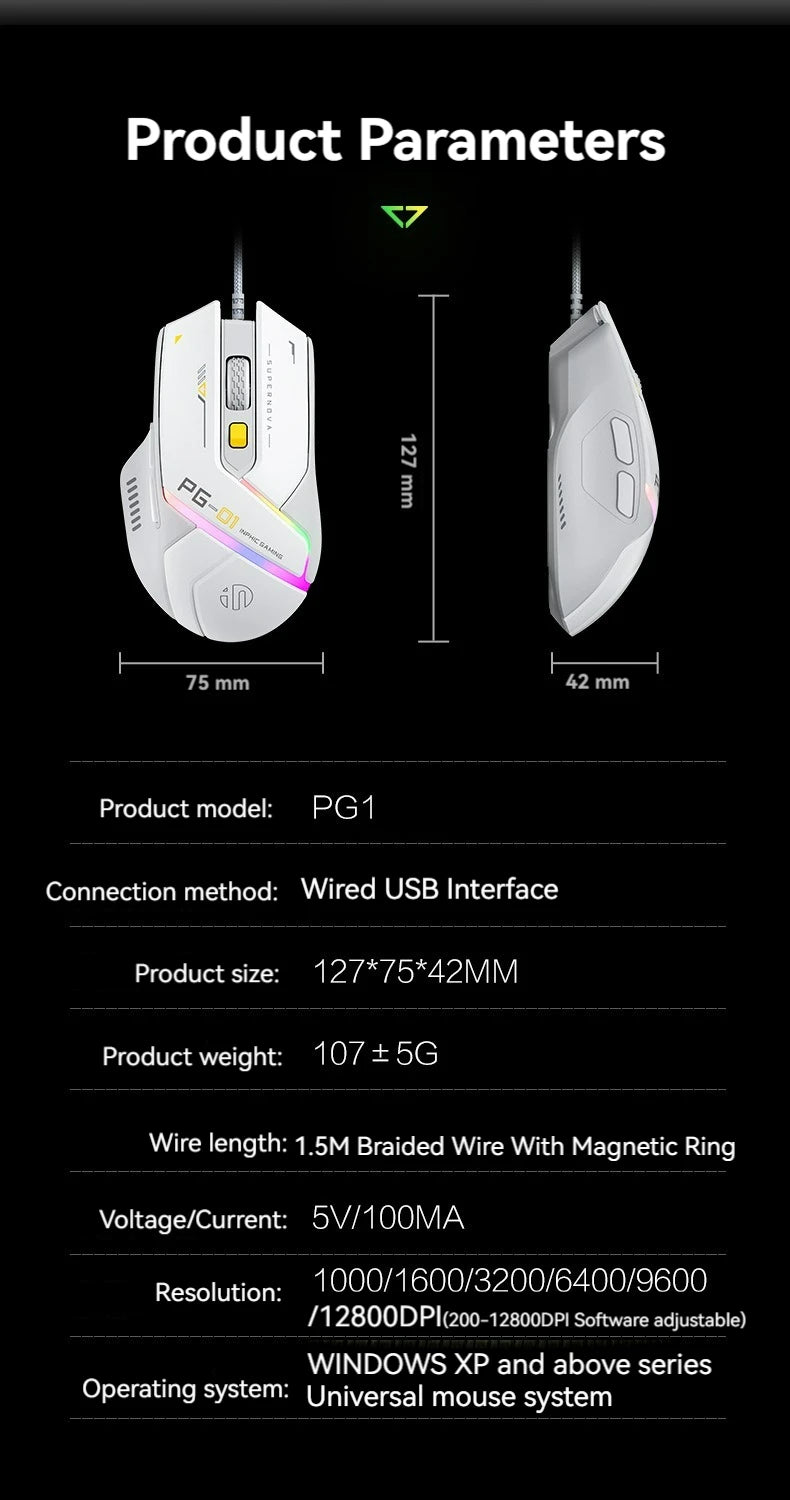 Inphic Pg1 Wired Mouse Gaming Mouse RGB Light Emitting   Macro Programming 12800DPI  6 Keys Computer Mouse For Office Home