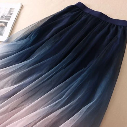 MEXZT Gradient Tulle Midi Skirt Women Elegant Mesh Pleated Skirts Summer Korean Fashion High Waist Casual All Match A Line Skirt