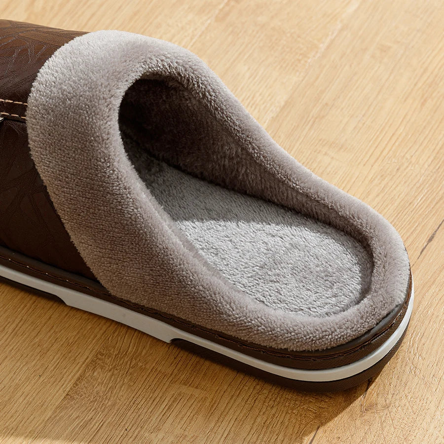 Men's Big Size Winter slippers Indoor PU Leather Home Waterproof Fluffy Casual Slides Men Bedroom Comfy Shoes Houseshoes