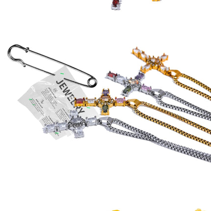 Yhpup Delicate Colorful Bling Cubic Zirconia Cross Pendant Stainless Steel Luxury Necklace High-Grade Fashion Shiny Jewelry Gift