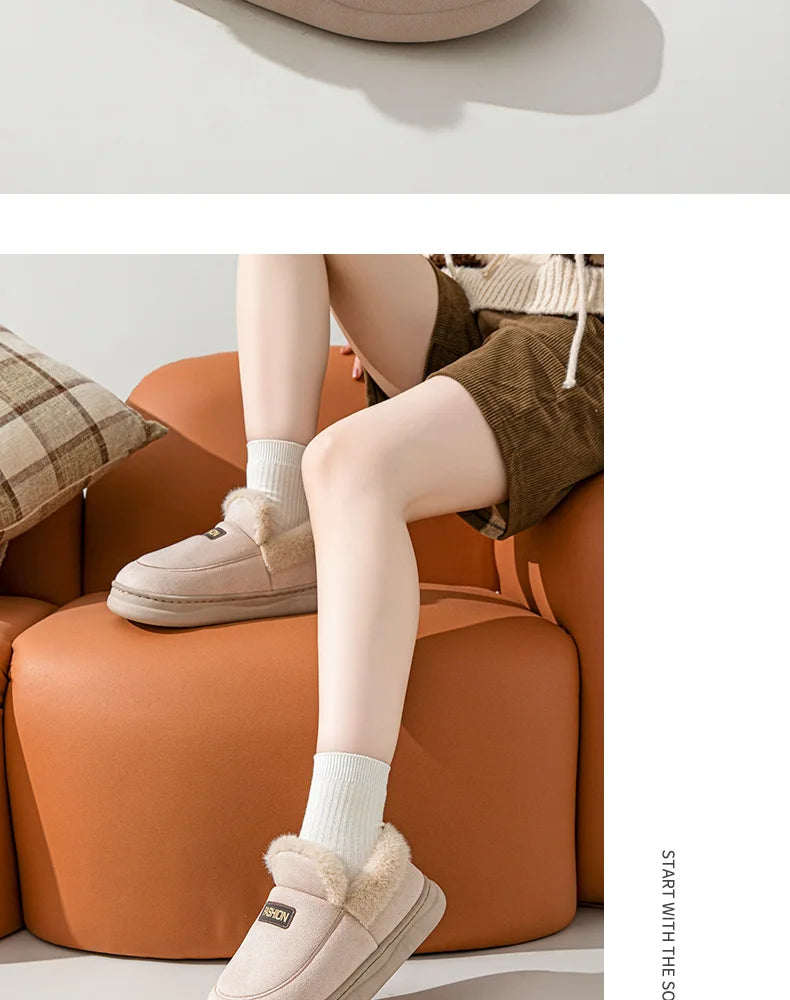 Comwarm Women Cotton Slippers Winter Warm Plush Lined Outdoor Slides Couple Non-slip Furry House Slippers Soft Cozy Cotton Shoes