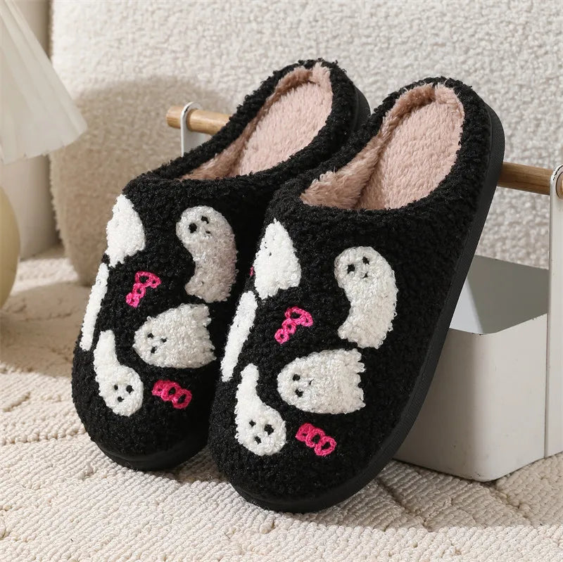 cute Ghost Plush Slipper Women Winter Warm Indoor Non Slip House Shoes Halloween Slippers Home Footwear Soft Cozy Slides fluffy