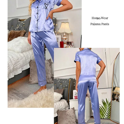Women's Pajama Pocket Heart Embroidered Pajama Set Satin Comfortable Short Sleeve Button Pajama Lounge Pant For Women Sleepwear