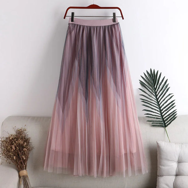 Green High Waist Tulle Skirts Women 2022 Spring Summer Sweet Tutu Skirt Female Mesh Midi Skirt Jupe Longue Femme