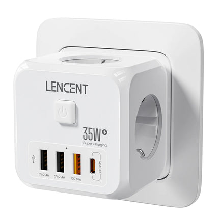 LENCENT EU Plug Power Strip Wall Socket with 3 AC+3 USB QC 18W +1 Type C PD 35W Fast Charger Adapter 7-in-1 Socket On/Off Switch