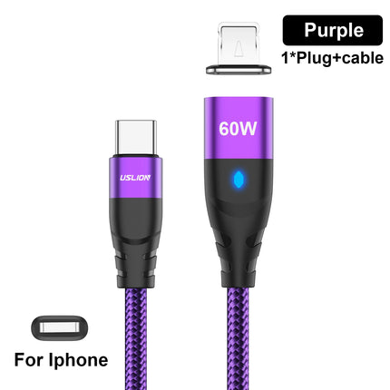 USLION PD 60W Magnetic Fast Charger Cable for iPhone 14 13 Pro Max Xiaomi 12 POCO USB C To Type C Data Charging Wire for Macbook