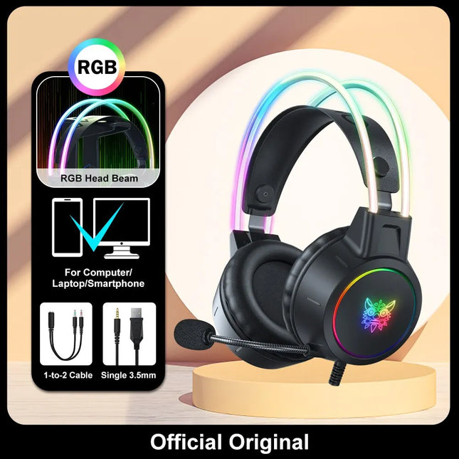 ONIKUMA X15 Pro Over-Ear Headphones Gaming Headset Wired Cancelling Earphones Pink Cat Ears Rgb Light With Mic For PC PS4