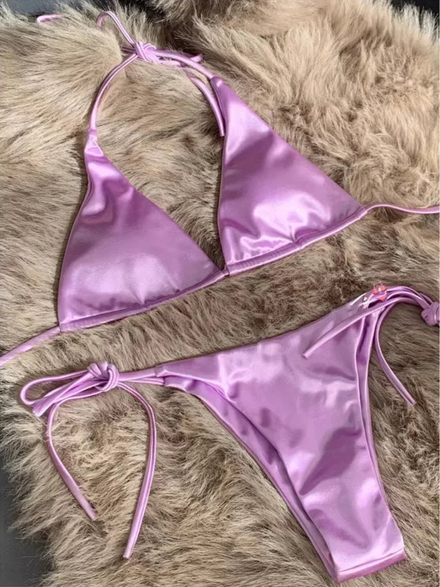 Halter Brazilian Metallic Satin Bikini Women Swimwear Female Swimsuit Two-pieces Bikini Set High Cut Bathing Suit Swim Beachwear
