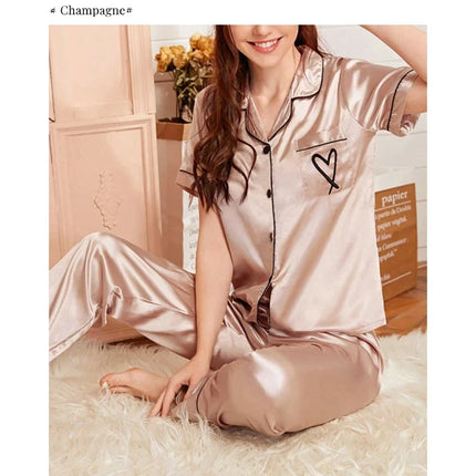 Women's Pajama Pocket Heart Embroidered Pajama Set Satin Comfortable Short Sleeve Button Pajama Lounge Pant For Women Sleepwear