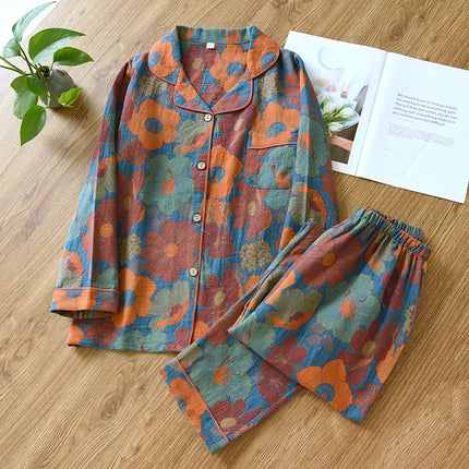 2024 Japanese Spring and Autumn New Women's Pajama Set 100% Cotton Vintage Long sleeved Pants Two Piece Set for Home Furnishings